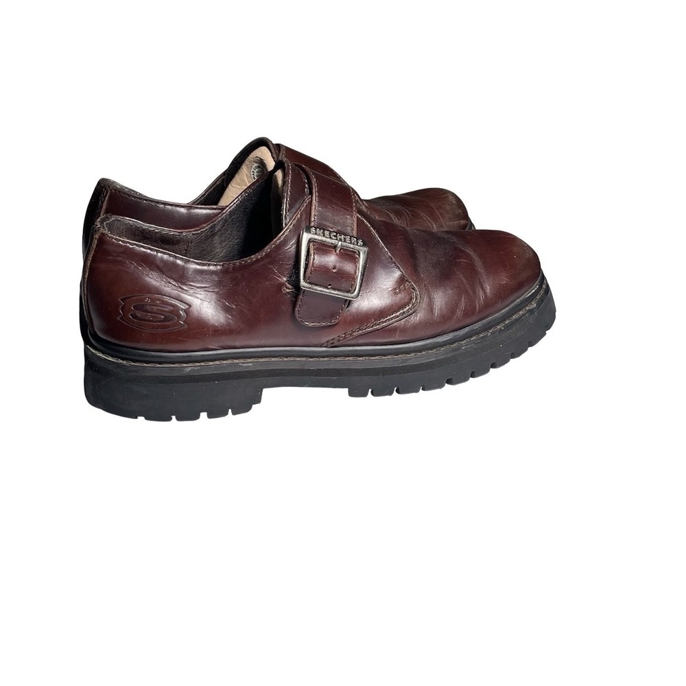 Vintage Skechers USA Leather Monk Strap Shoes Chocolate Brown Lug Sole 7 Mens